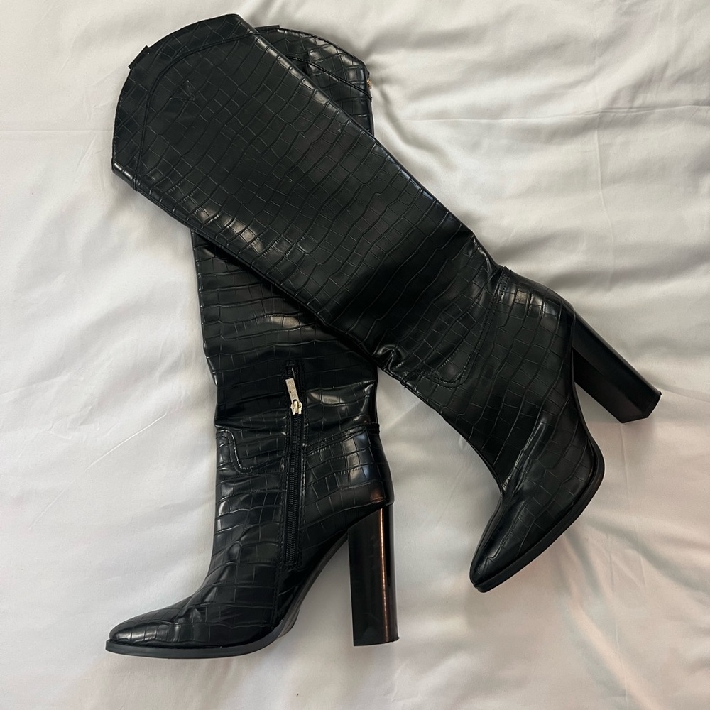 Guess Black Crocodile Knee High Boots